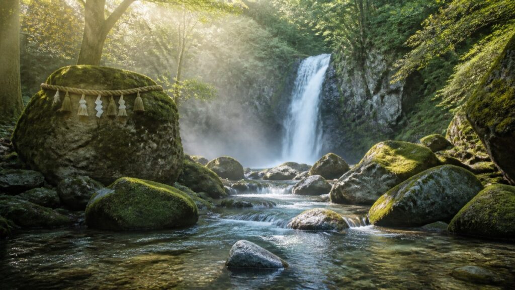 夢淵と東の滝を思わせる清らかな滝と祈りの岩