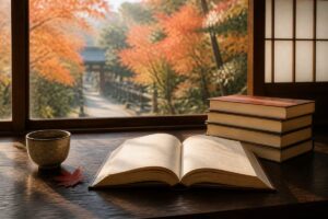 秋の紅葉を望む和室で、開いた本と四冊の本が机に並ぶ読書風景
