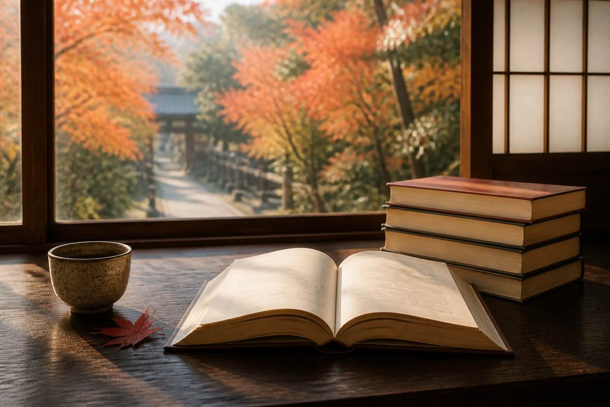 秋の紅葉を望む和室で、開いた本と四冊の本が机に並ぶ読書風景
