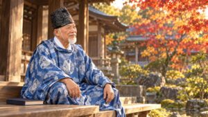 秋の神社の縁側で、青い祭祀装束をまとい静かに思索する佐藤素心宮司