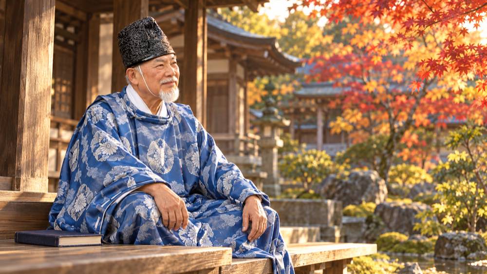 秋の神社の縁側で、青い祭祀装束をまとい静かに思索する佐藤素心宮司