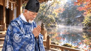静かな水面を前に、青い祭祀装束をまとい頭を垂れて祈る佐藤素心宮司