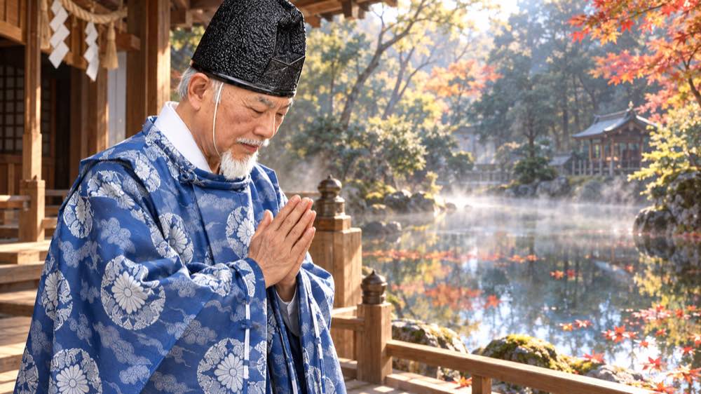 静かな水面を前に、青い祭祀装束をまとい頭を垂れて祈る佐藤素心宮司